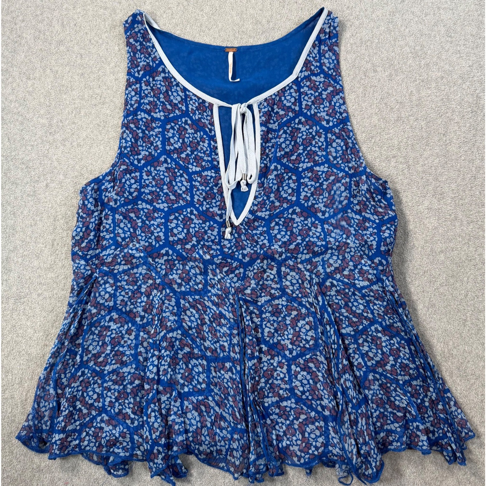 Free People Touch The Sky Printed Blue Tank Top Women's Small Sleeveless Flowy